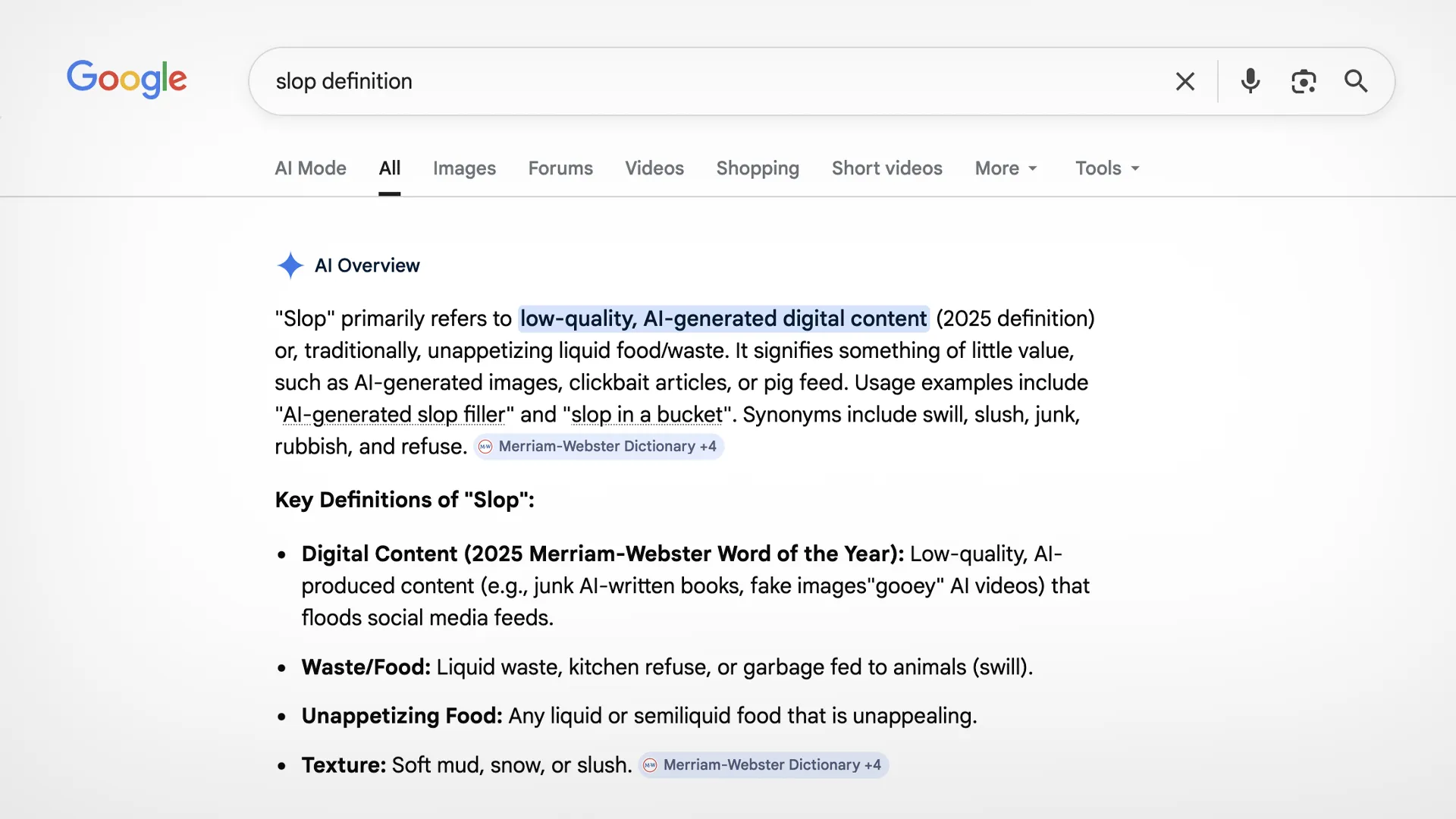 The "AI Overview" response to searching "slop definition" on Google.